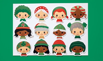 cheerful children in xmas costumes, Christmas kids set, sticker sheet, printable minimalist retro, christmas elves, separate stickers on a sticker sheet, celebrate diversity, mixed race children, 