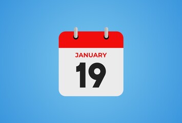 Icon calendar day. 19 January. 19th days of the month, illustration style. Date day of week Sunday, Monday, Tuesday, Wednesday, Thursday, Friday, Saturday. Winter holidays in January. 