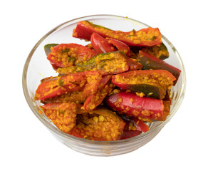 Red chilli pickle in transparent glass bowl - marinated with Fenugreek and mustard - transparent background