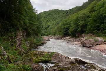 Granite Canyon of the Belaya River is a picturesque natural monument of the Western Caucasus, Maikop district, between Dakhovskaya and Khamyshki, Republic of Adygea, Russia