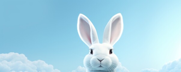 White rabbit ear on pastel blue sky background, white cloud. Easter day