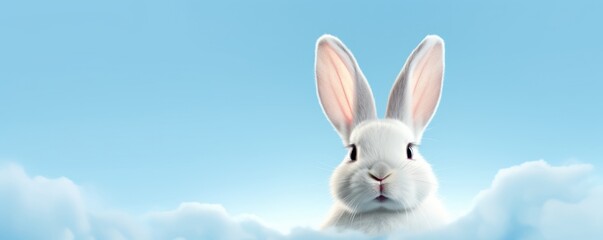 Obraz premium White rabbit ear on pastel blue sky background, white cloud. Easter day