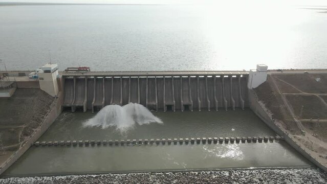 Aerial view of the dam and hydroelectric plant in the city of Termas de Rio Hondo, Santiago del Estero, Argentina.