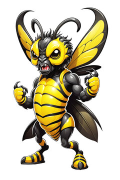 Monster bee mascot cartoon illustration on a transparent background