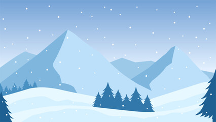 Obraz premium Snowy mountain landscape vector illustration. Scenery of landscape snow covered mountain in cold season. Winter mountain landscape for background, wallpaper or illustration