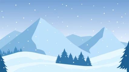Fotobehang Snowy mountain landscape vector illustration. Scenery of landscape snow covered mountain in cold season. Winter mountain landscape for background, wallpaper or illustration © Moleng