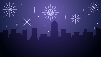 New year cityscape vector illustration. City silhouette with sparkling fireworks in new year event. New year landscape for illustration, background or wallpaper. Urban firework festival © Moleng24