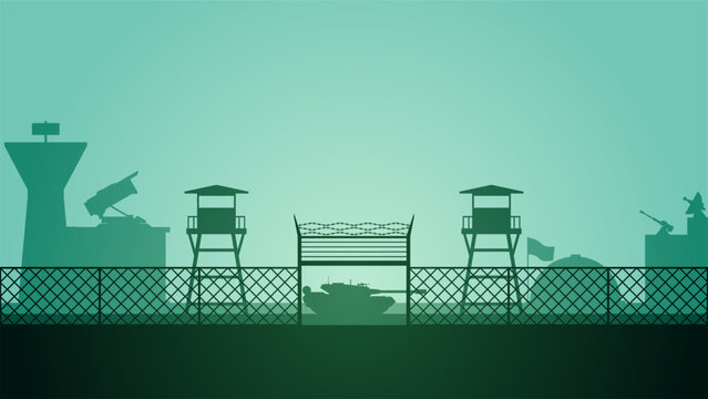 Military base landscape vector illustration. Silhouette of military base gate with tank and watchtower. Military landscape for background, wallpaper or illustration. Army training field illustration