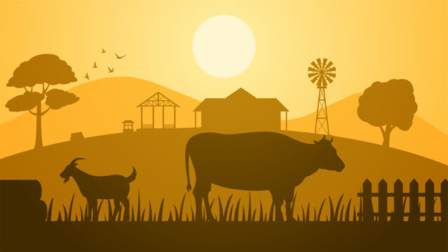 Farmland landscape vector illustration. Countryside silhouette with livestock cow and goat. Rural agriculture landscape for illustration, background or wallpaper