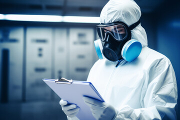 Professional in Hazardous Material Suit Conducting Inspection in a Lab facility