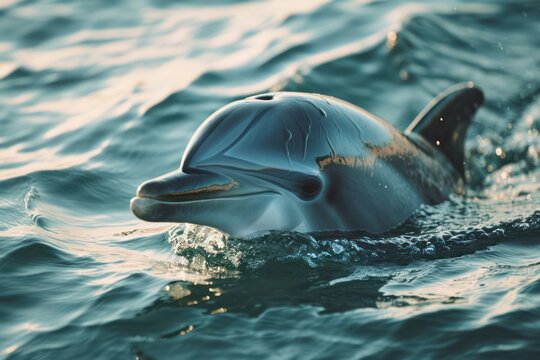 Dolphin swimming in the sea. Toned image with shallow depth of field.