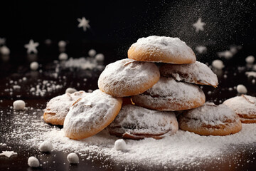 christmas cookies with powdered sugar on a wooden table