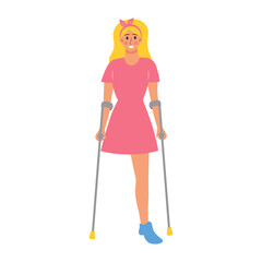 Woman on crutches with no leg. Female character undergoing rehabilitation after trauma or accident. Disabled person. Support, special needs, limb amputation concept.