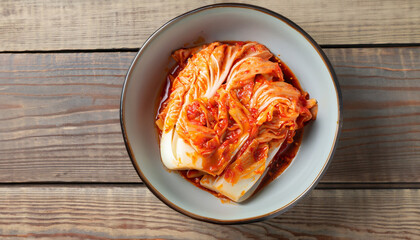Kimchi cabbage in a bowl on wooden background, top view, Korean food
