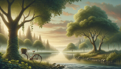 Tranquil river scene with vintage bicycle and lush greenery.