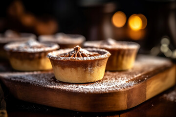 A close-up view of a Swiss nut-filled tart served on a wooden board. (Generative AI)