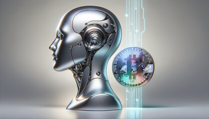 AI and NFT Integration: Futuristic robot head connected to digital token emblem