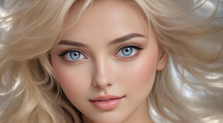 radiant and blissful woman, her long, flowing blonde hair cascades beautifully, complementing her mesmerizing grey eyes and glossy lips. With an expression of pure joy