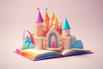 enchantment as a fairy tale castle magically pops out from the pages of a fantasy book, adorned with a delightful rainbow and pastel hues.  Generative AI.
