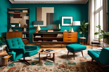A mid-century modern lounge with iconic furniture pieces, a  rug, and a teal accent wall