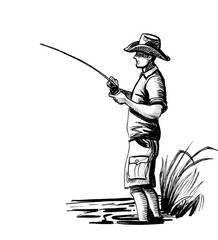 Man with a fishing rod. Hand-drawn ink black and white sketch