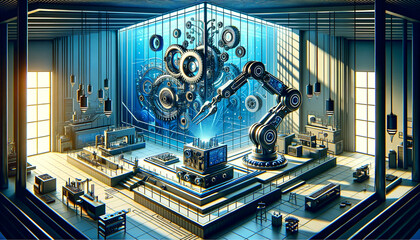 Modern, minimalist mechanical engineering workspace with robotic arm assembling whimsical device.