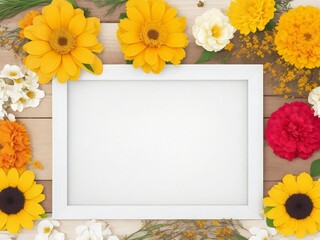 Top view of autumn flowers on a wooden background with space for your text