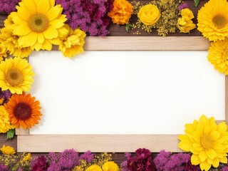 Top view of autumn flowers on a wooden background with space for your text
