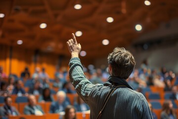 Active Engagement: Student Raising Hand in University Lecture Hall.