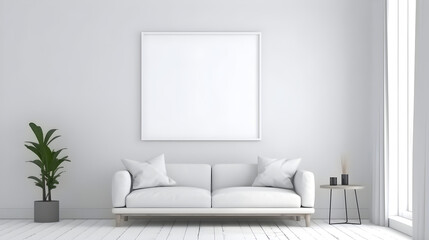 Fototapeta na wymiar Minimalistic interior design of living room with mock up photo frame, Generative AI