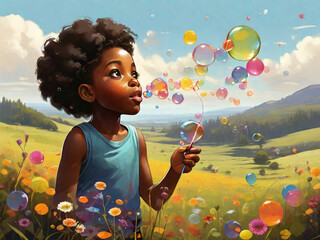 illustrate a black child blowing colorful bubbles