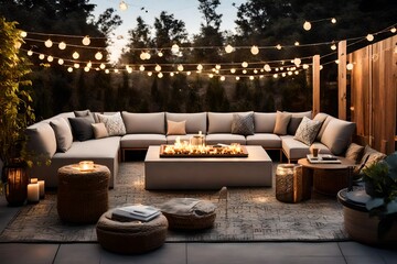 A contemporary outdoor lounge with modular seating, fire pit, and string lights