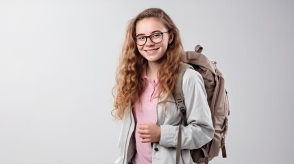 A student girl with a backpack and glasses isolated white background