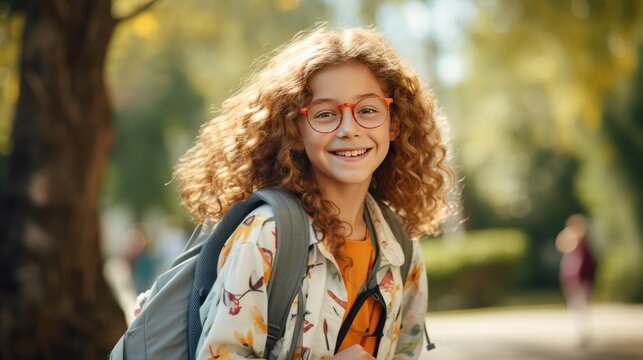A student girl with a backpack and glasses isolated white background 