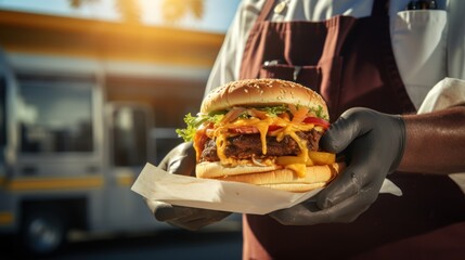  Chef holding hamburger with cheese in a food truck  - obrazy, fototapety, plakaty