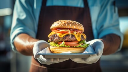  Chef holding hamburger with cheese in a food truck  - obrazy, fototapety, plakaty