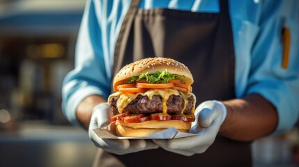  Chef holding hamburger with cheese in a food truck 