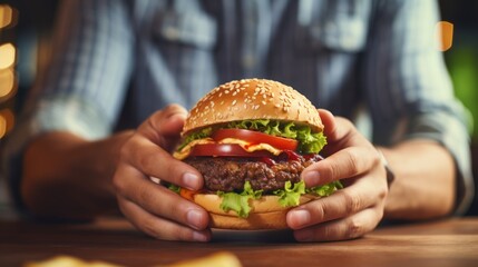 Close up of the hands of a young man eating a hamburger