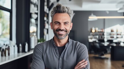 Portrait of smiling owner of hairdresser salon on white background