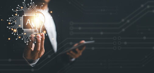 businessman using Ai technology in business by artificial intelligence,  smart robot AI, Futuristic technology transformation, using AI technology for developing running business on cloud computing