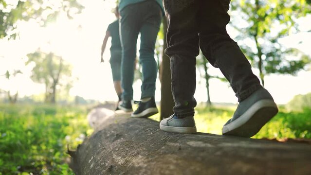 baby boy group playing in the forest park. close-up child feet walking on a fallen tree log. happy family kid dream concept. a child group in sneakers lifestyle walks on a fallen tree in park