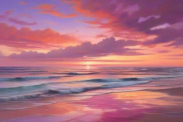 As the sun sets over the ocean the sky is painted in a breathtaking array of pinks oranges