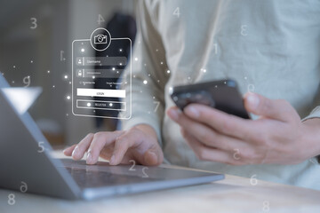person typing on computer to username and password to  Security login online of social media, log in with smartphone to working online and bank account, data protection user from cyber hacker scammer