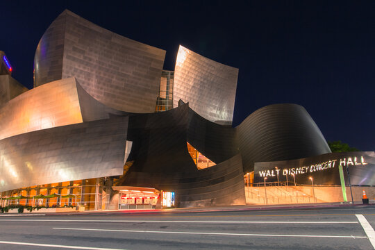 Los Angeles, USA - May 14, 2014: Grand Avenue streetscape with the Walt Disney Concert Hall. Designed by Frank Gehry and opened in 2003, This is one of the four halls of the Los Angeles Music Center