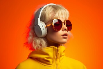 Obraz na płótnie Canvas Young woman in casual clothes and sunglasses listening to music in headphones against gradient orange studio background in neon light