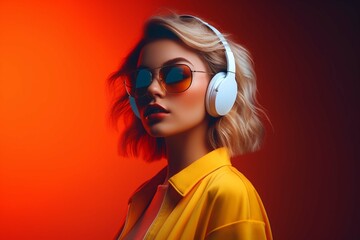 Obraz na płótnie Canvas Young woman in casual clothes and sunglasses listening to music in headphones against gradient orange studio background in neon light