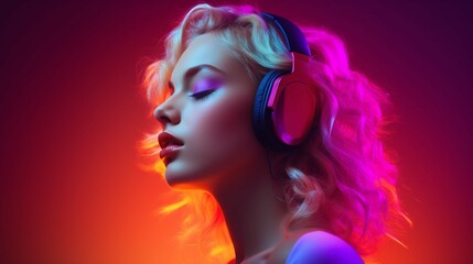 Young woman in casual clothes and sunglasses listening to music in headphones against gradient orange studio background in neon light