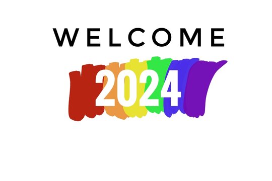 Welcome 2024 on hand drawn picture of rainbow colors stripes. White background. Concept, symbol of LGBT community celebration around the world in June. Support human right. Greeting card.