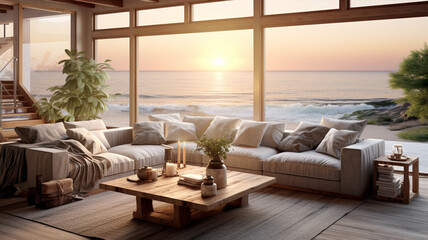 夕陽の美しいオーシャンビューのリビングルーム部屋 Ocean view living room with beautiful sunset 