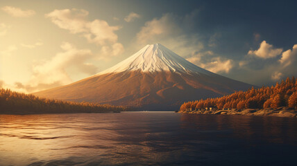 富士山と紅葉と湖 Mount Fuji and Autumn leaves and lake in Japan